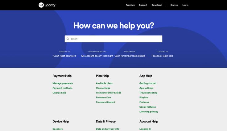 the spotify digital help center as one of leading knowledge base examples