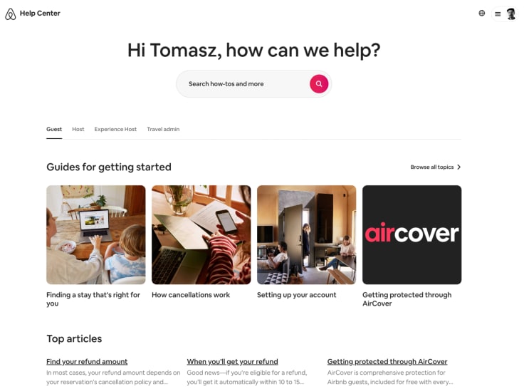 web knowledge base example of airbnb online help center with top customer intel articles