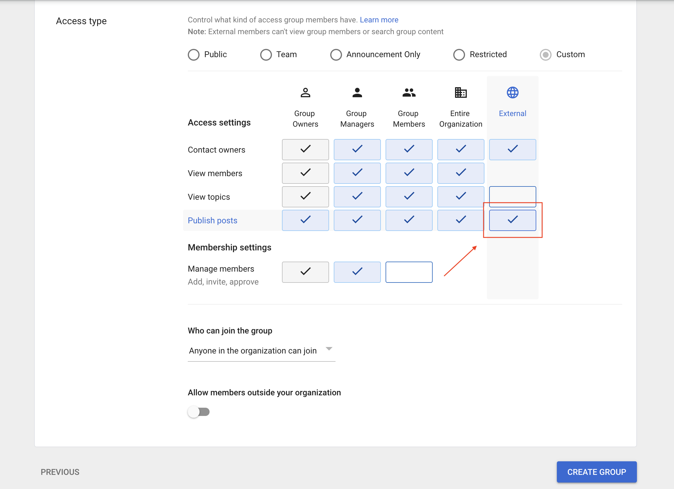 Choosing &ldquo;access type&rdquo; in Google Groups.