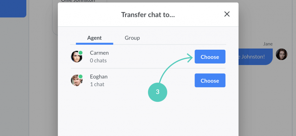 Click on choose to transfer chat to the selected agent