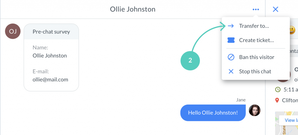 Click on transfer to in the LiveChat app