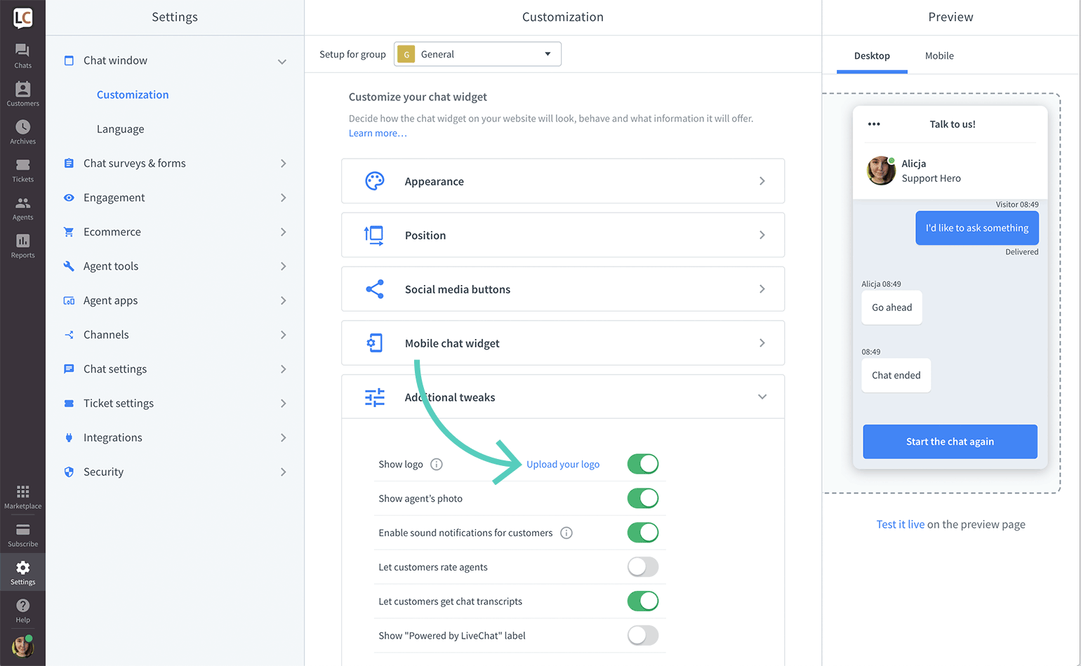 Click on upload logo in LiveChat settings
