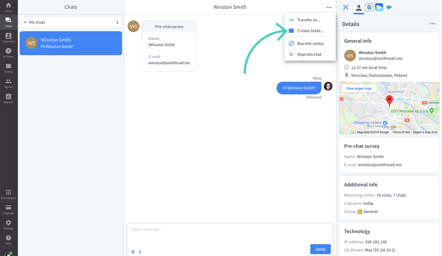 Create a ticket from chats