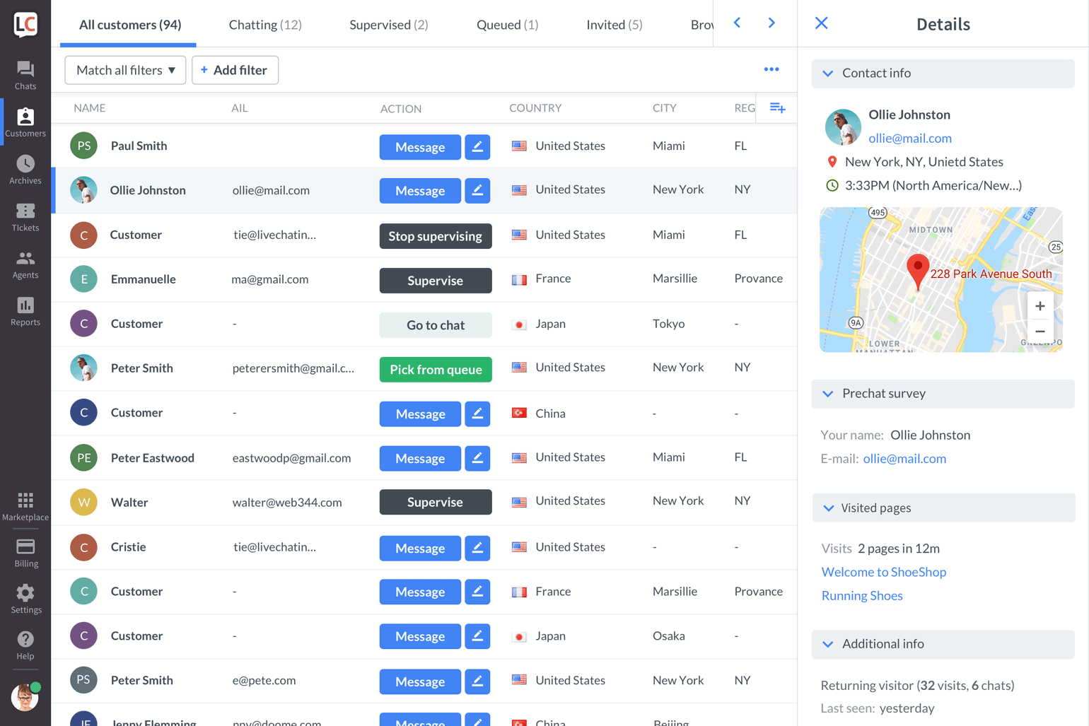 customers section overview livechat help center customer list