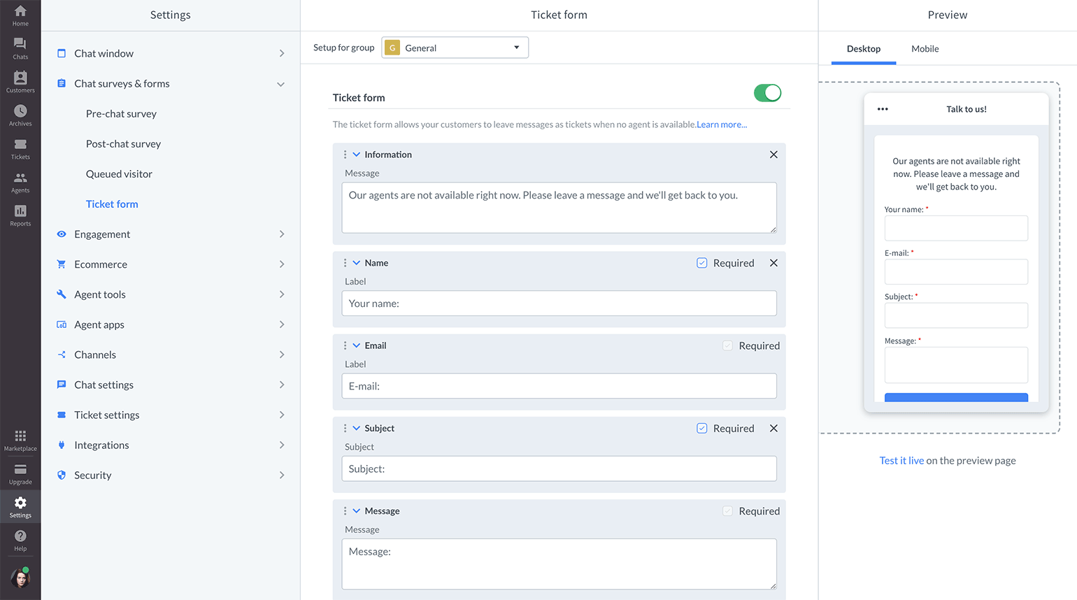 Edit ticket form in LiveChat