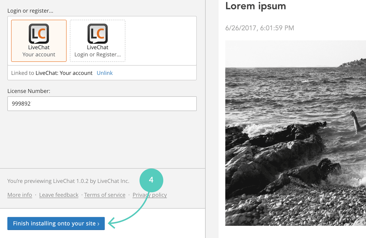 Finish installing LiveChat onto your site button