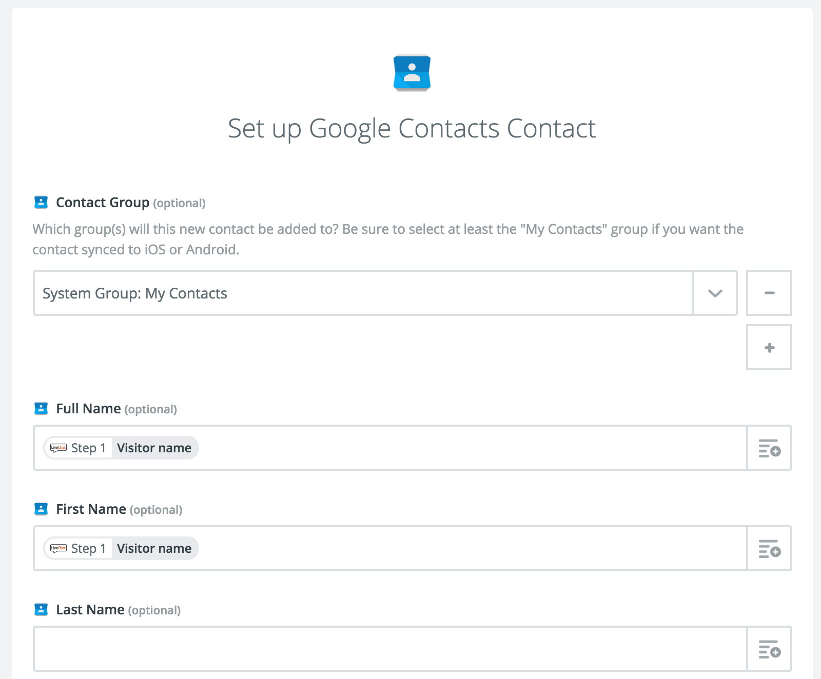 Mapping Google Contacts fields