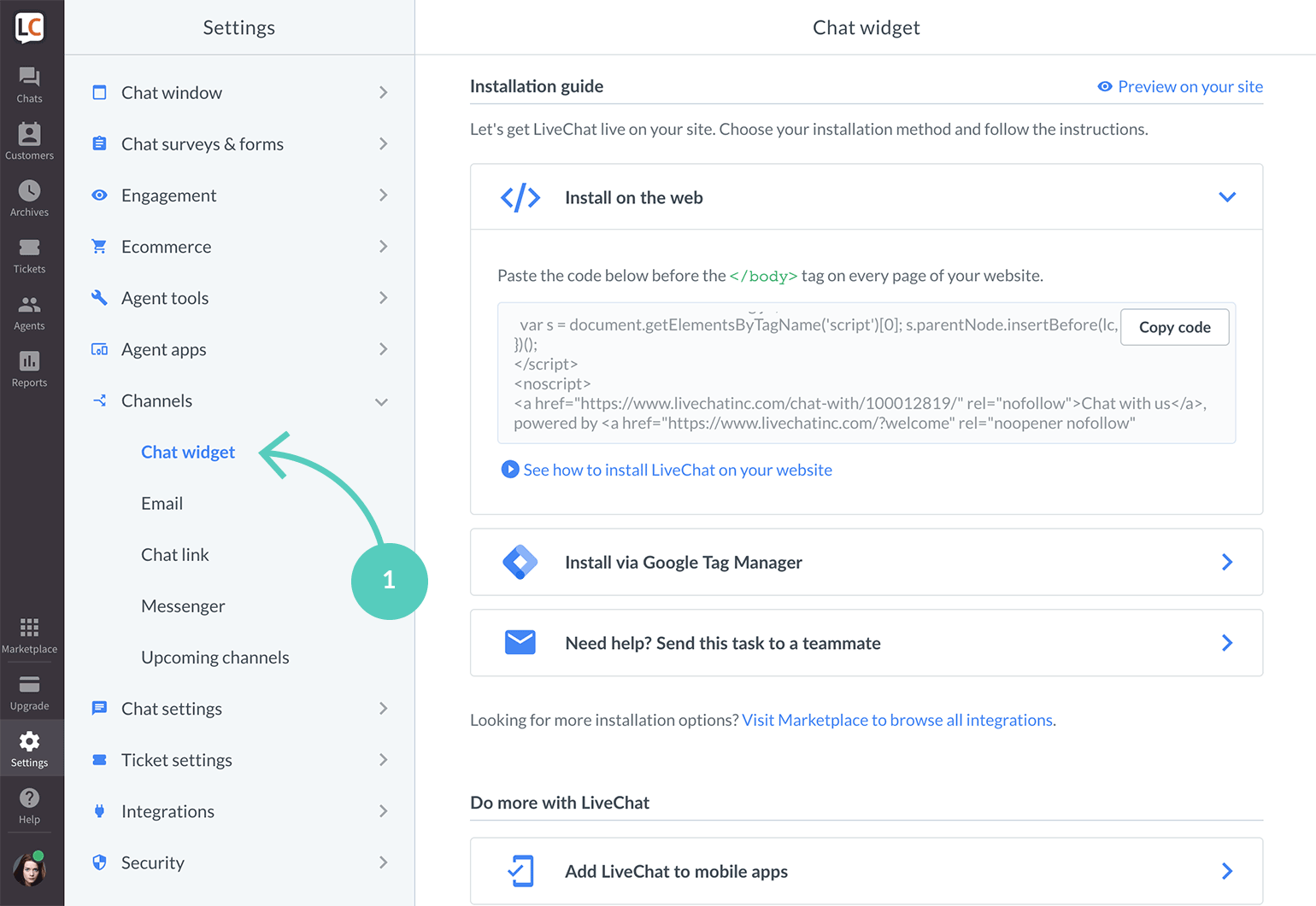 Webbed setup. Livechatinc.