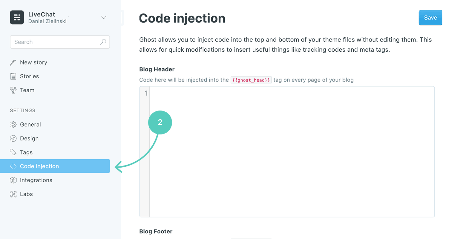 LiveChat + Ghost: navigate to code injection