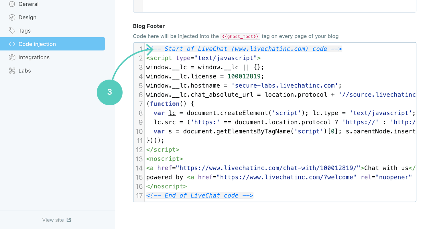 LiveChat + Ghost: paste the code snippet into the Blog Footer