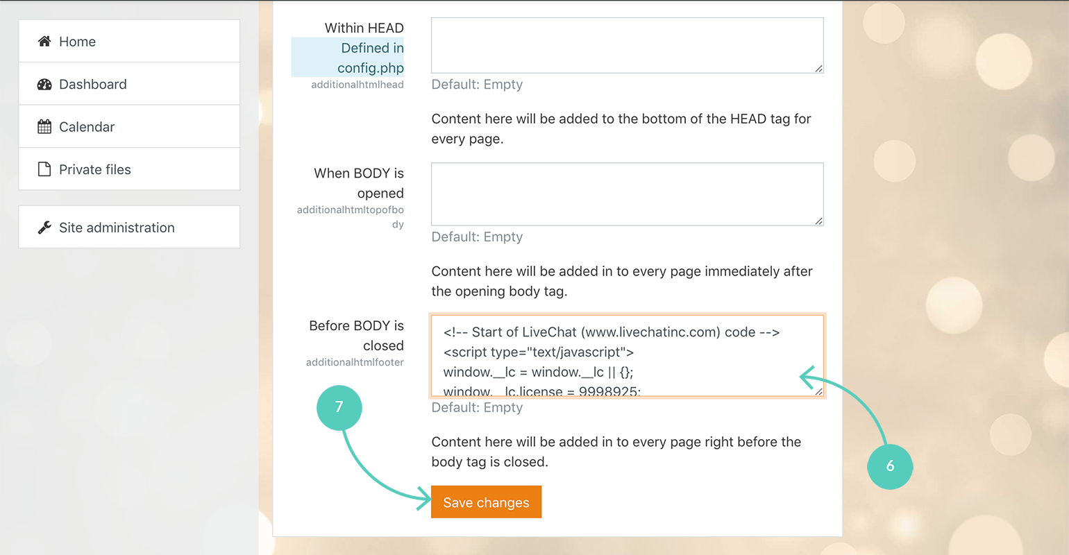 Paste LiveChat code and hit save to update Moodle