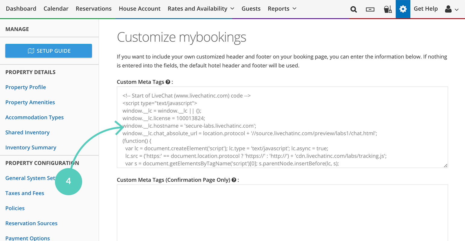 Past LiveChat installation code into the Cloudbeds Customer Meta tags