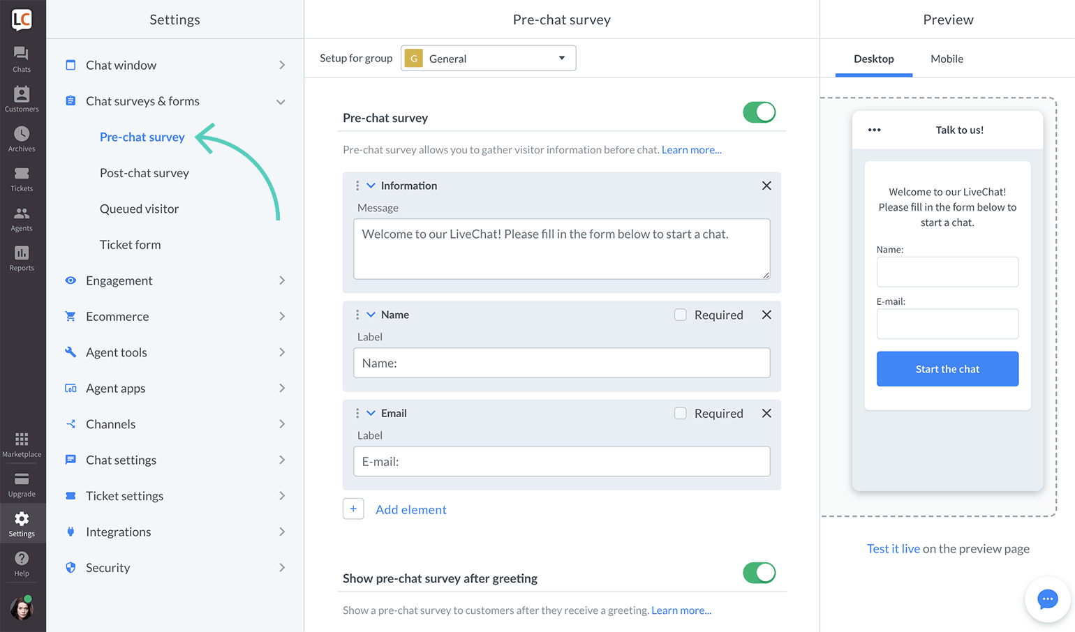 Pre-chat survey settings in LiveChat