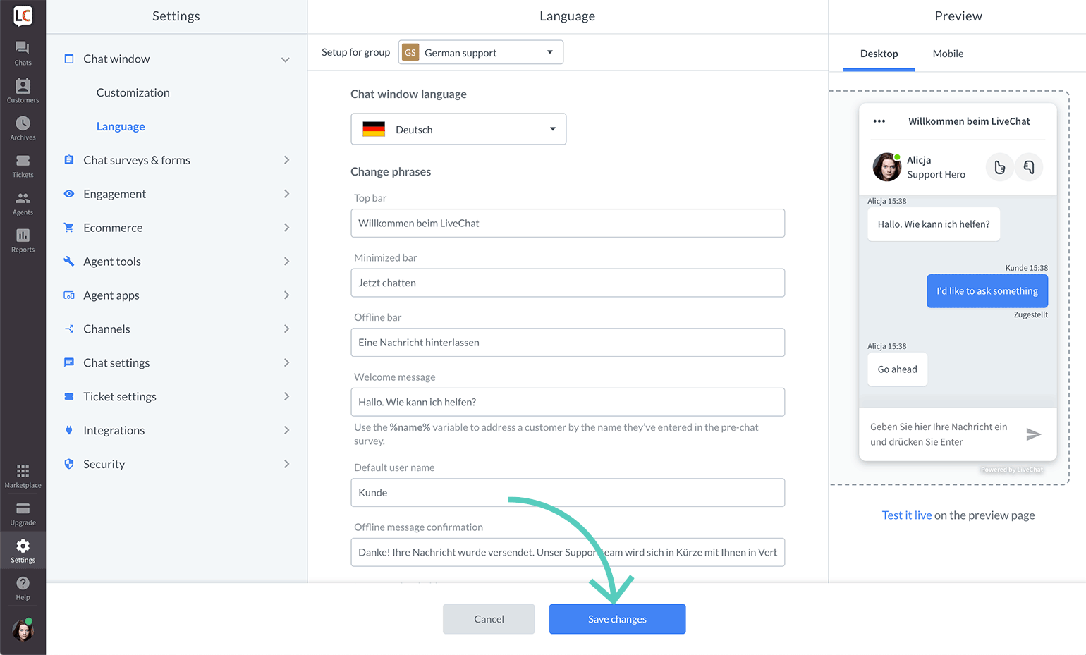 Save changes made to a group language settings