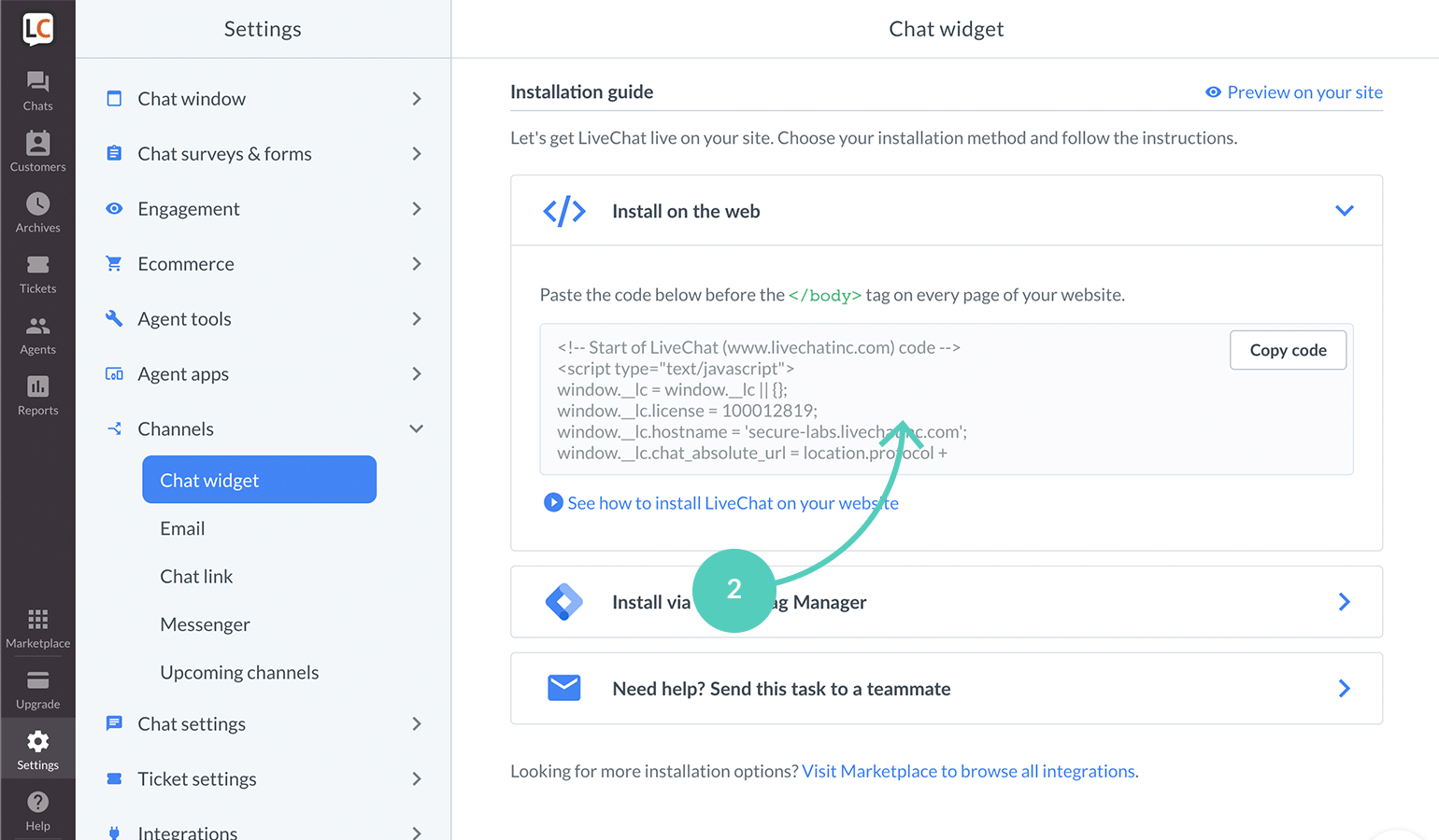 Selz LiveChat: copy the code snippet from LiveChat by clicking on it