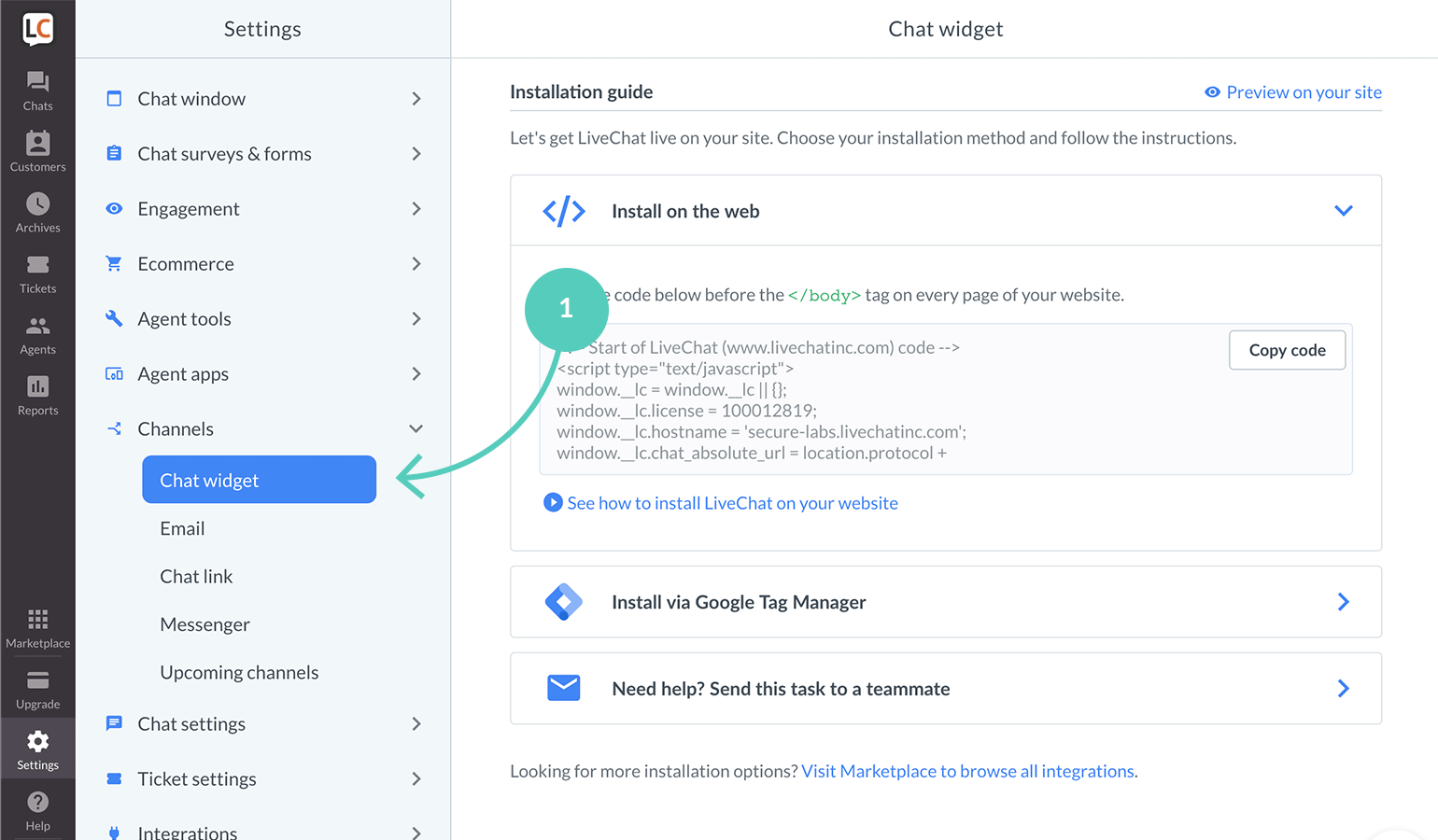 Selz LiveChat: copy the code snippet from LiveChat