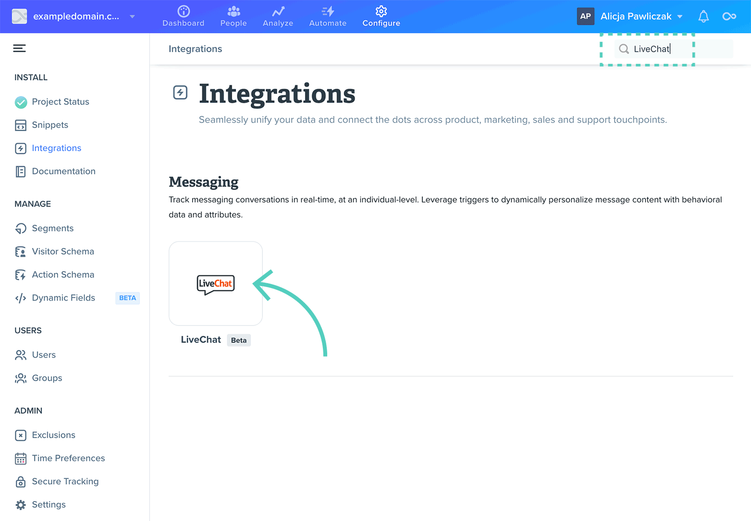 Search for LiveChat in Woopra integrations tab