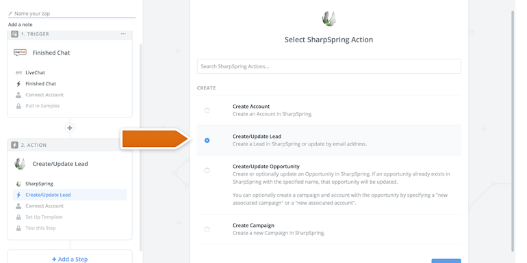 Choosing SharpSpring action