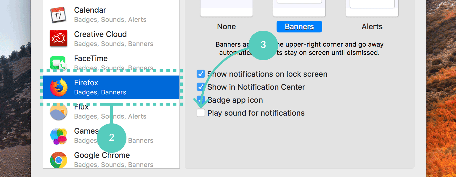 Uncheck play sound for notifications in Firefox