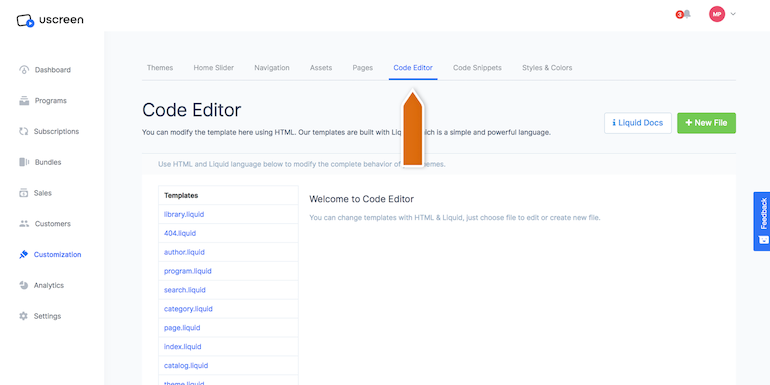 Uscreen enter code editor
