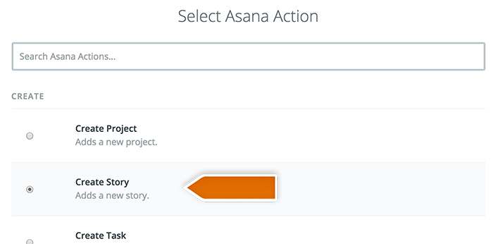 Selecting Asana action