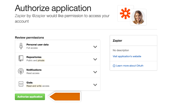 Authorizing the app in Zapier