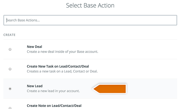 Base CRM integration: Choosing Base action