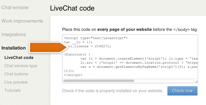 Copying LiveChat code