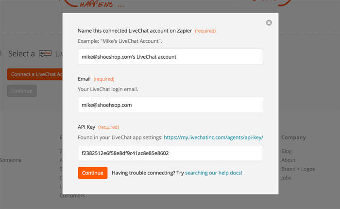 Entering LiveChat details on Zapier