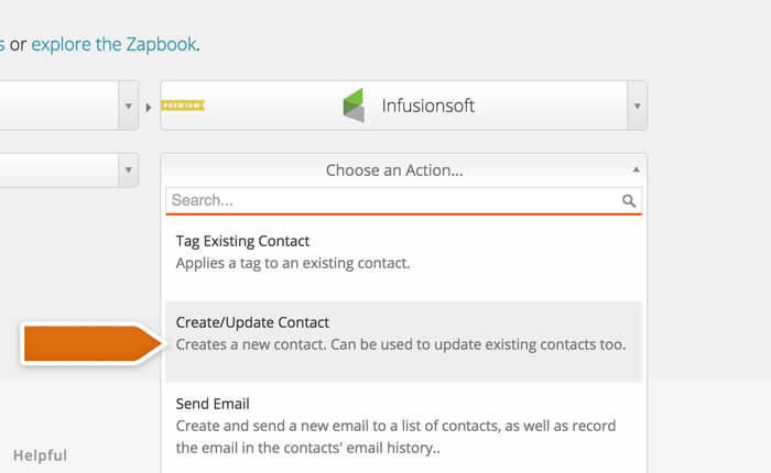 Selecting an action for Infusionsoft