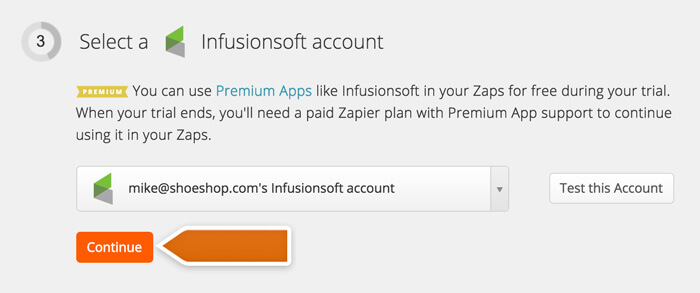 Selecting an Infusionsoft account in Zapier