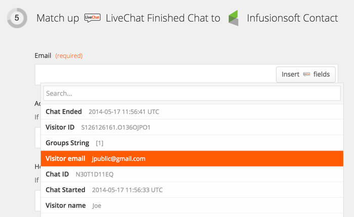 Selecting data to pass to Infusionsoft from LiveChat