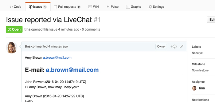 Issue passed from LiveChat to GitHub