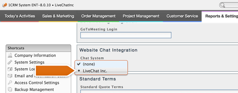 Pick LiveChat from the list of available chat systems