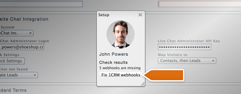 Click on Fix 1CRM webhooks button to proceed