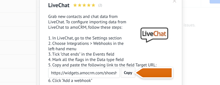 Copy the link of LiveChat’s webhook