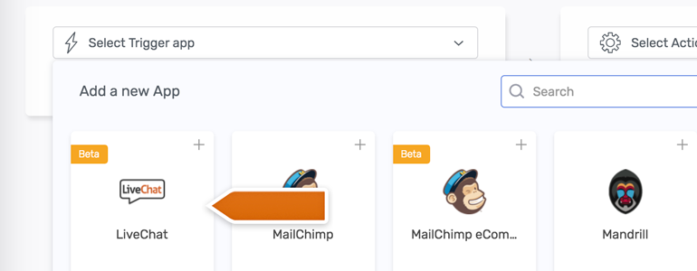 Automate.io LiveChat: choose LiveChat from the list of available apps