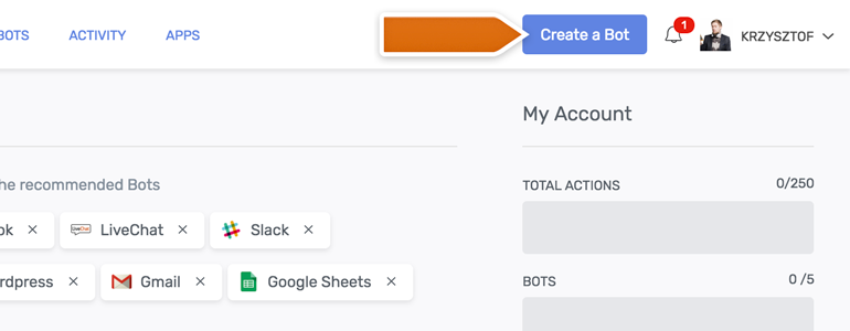 Automate.io LiveChat: log into Automate.io and click on Create a Bot