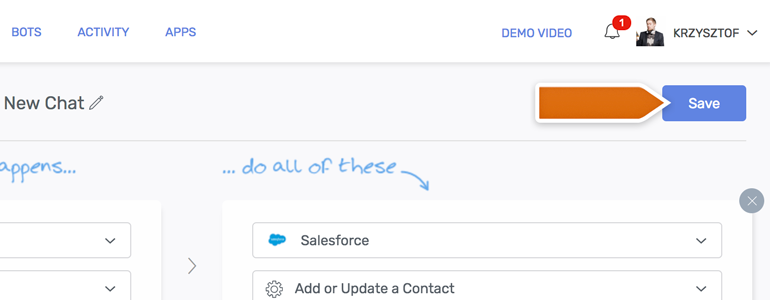 Automate.io LiveChat: click on the Save button to continue