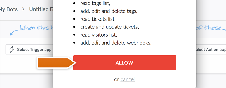 Automate.io LiveChat: click on Allow to finalize the authorization process