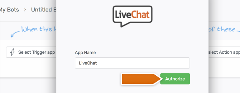 Automate.io LiveChat: name your app and click on Authorize