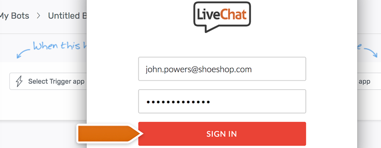 Automate.io LiveChat: provide your LiveChat credentials and Sign in