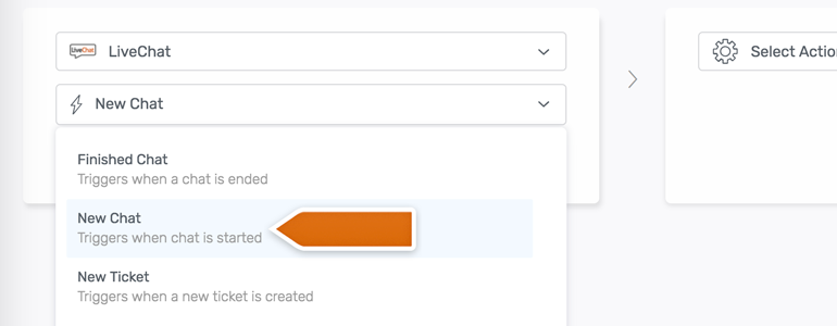 Automate.io LiveChat: choose New Chat as a trigger action