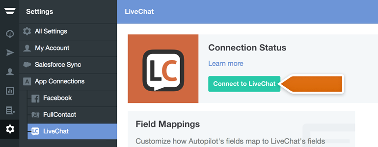 Click on Connect to LiveChat to link Autopilot with your LiveChat account