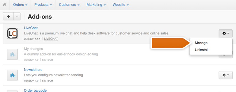 CS-Cart LiveChat: Go to the Manage section of LiveChat plugin