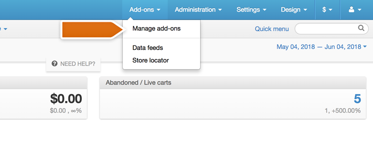 CS-Cart LiveChat: Go to the Manage Add-ons section