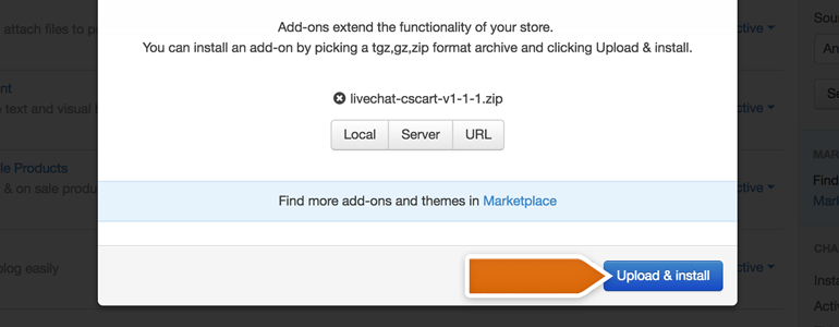 CS-Cart LiveChat: Click on Upload & Install to proceed