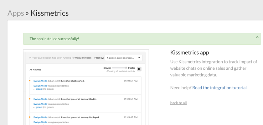 Successful installation of the Kissmetrics integration with LiveChat