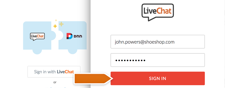 DotNetNuke Chat: provide your LiveChat credentials click on Sign in