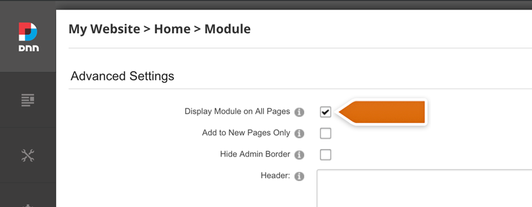 DotNetNuke Chat: enable the Display Module on All Pages option